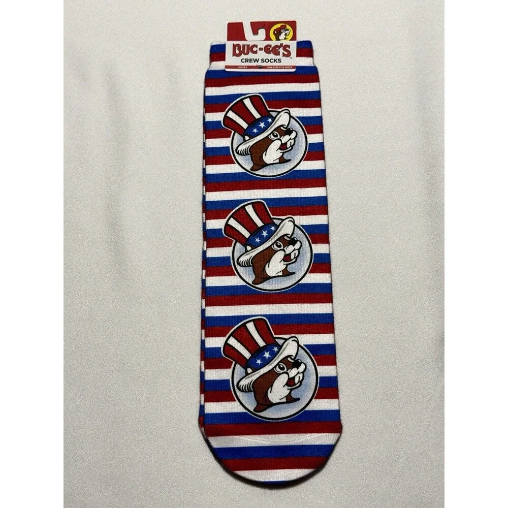 Buc-ee's Bucky Beaver Patriotic Stars Stripes Crew Socks Red White Blue USA Flag